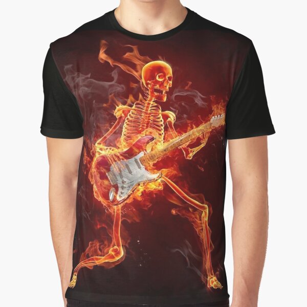 Punk Rock Skull Electric Guitar Hawaiian Shirt With Blue Flame