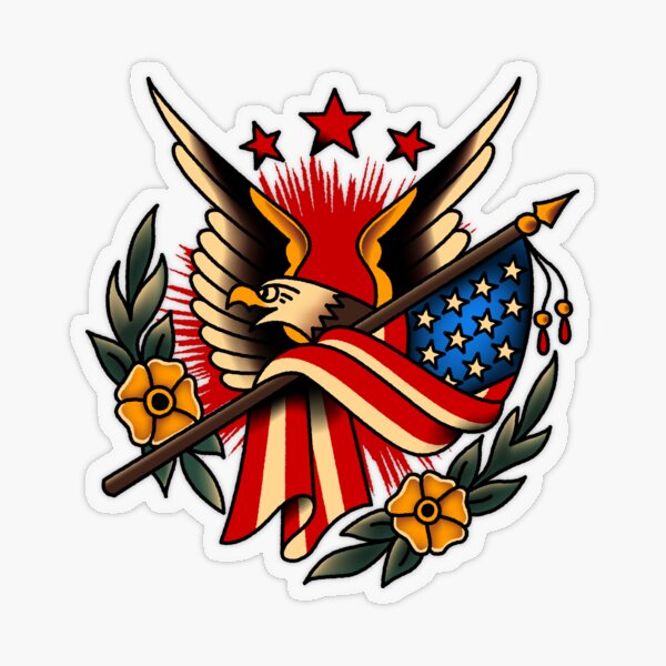 Salty-Dog American Traditional Floral Eagle and Flag Motif Transparent Sticker