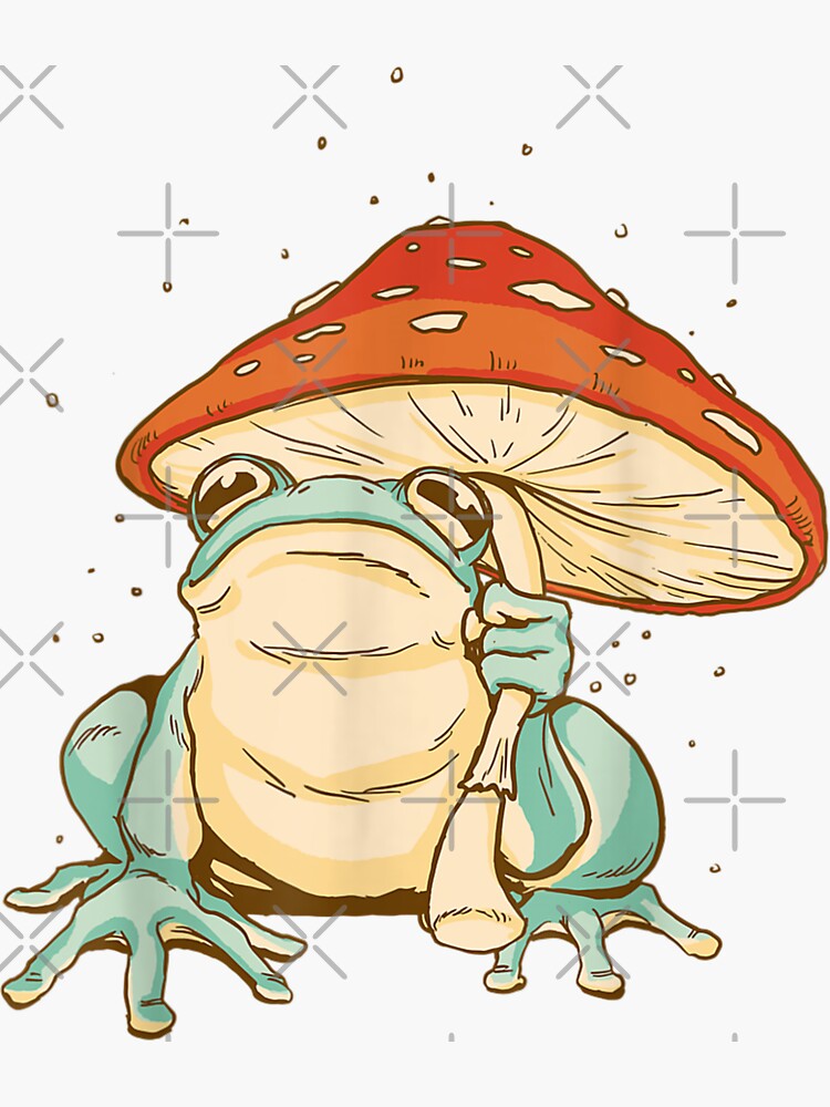 Kawaii Frog with Mushroom Hat and Toadstools - Cottagecore