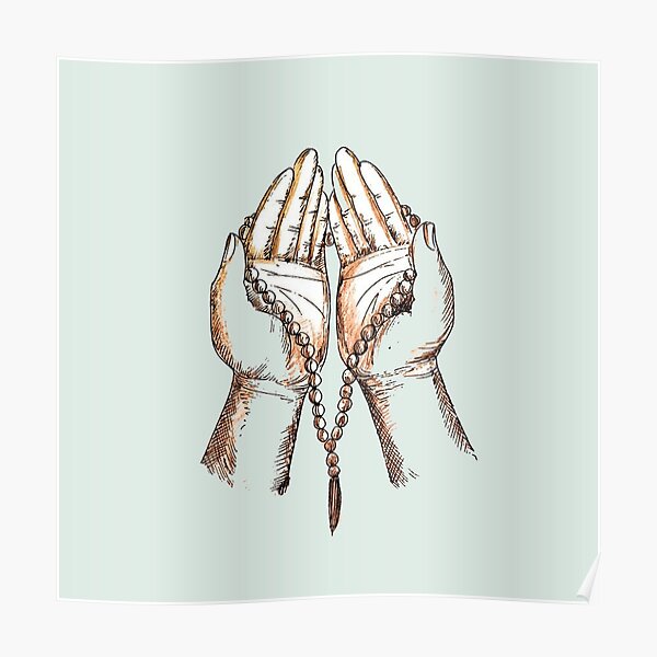 Hand Draw Sketch Muslim Man Hands Praying Holding Rosary Ramadan