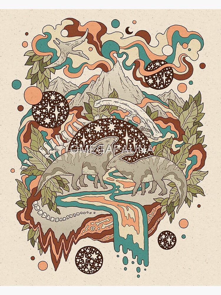 Thumbnail 3 of 3, Photographic Print, Lost Portal: Parasaurolophus | Retro Rainbow Palette | Dinosaur Science Fiction Art designed and sold by OMEGAFAUNA.