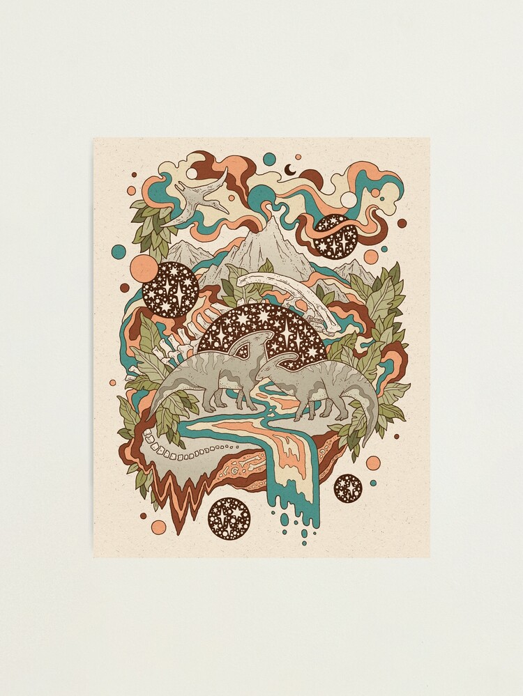 Thumbnail 1 of 3, Photographic Print, Lost Portal: Parasaurolophus | Retro Rainbow Palette | Dinosaur Science Fiction Art designed and sold by OMEGAFAUNA.