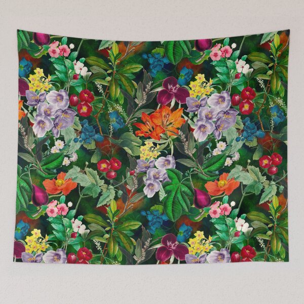 Artikelvorschau, Exotische Blumen und Blätter Himmel, Blätter und Blumen tropischen Muster, botanische Illustration, dunkelgrün florale Illustration entworfen und verkauft von ZeinabTaha.