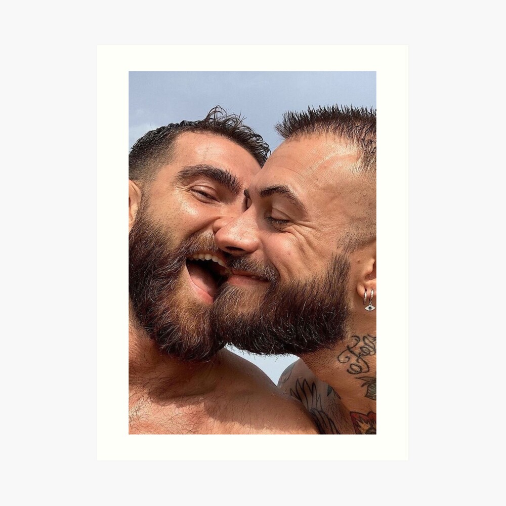 Romantic happy bearded gay couple kissing, homoerotic love, love is love