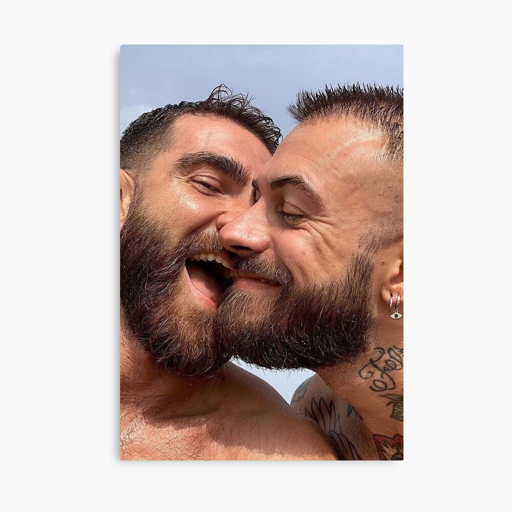 Romantic happy bearded gay couple kissing, homoerotic love, love is love