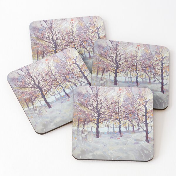 Item preview, Winter Spell, snowy art nouveau style landscape with white stag designed and sold by Gill Bustamante.