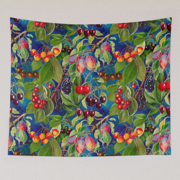 Item preview,  Exotic tropical floral leaves and fruits, botanical pattern, tropical plants, dark blue fruit pattern designed and sold by ZeinabTaha.