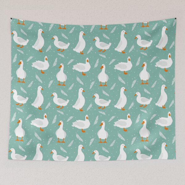 Item preview, White Pekin Ducks with feathers and dots repeat pattern designed and sold by NattyDesigns.