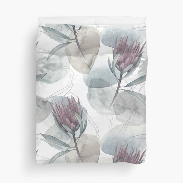 Abstract nordic print with geometric shapes, protea flower and silver elements on white background, Watercolor seamless pattern Duvet Cover