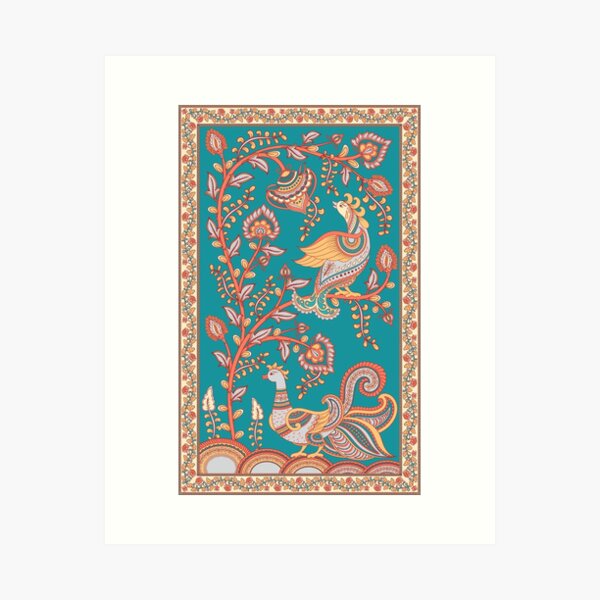 Item preview, A branch with flowers, peacocks. Indian folk style of Kalamkari. designed and sold by Skaska.
