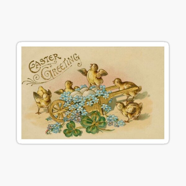 Artikel-Vorschau von Vintage Ostern-Gruß-Küken-Schubkarren-Ei-blaues Blumen-Kleeblatt, designt und verkauft von LoveSeasonz.