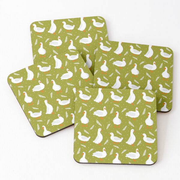 Item preview, White Pekin Ducks with feathers and dots repeat pattern designed and sold by NattyDesigns.