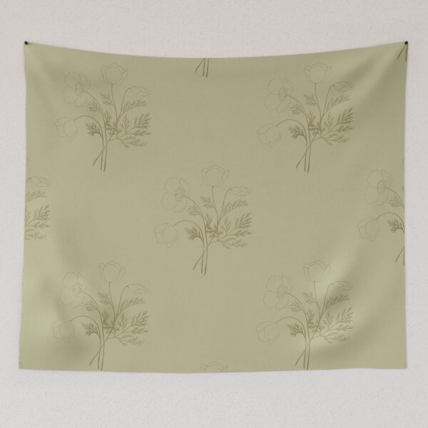 Item preview, Olive green poppy flowers and ferns pattern. Botanical illustration. designed and sold by helga-wigandt.