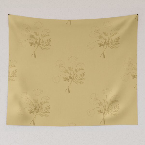 Item preview, Mustard yellow poppy flowers and ferns pattern. Botanical illustration. designed and sold by helga-wigandt.