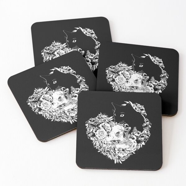 Artikelvorschau, Herzform Schädel und schwarze Katze mit Blume, Skelett mit Blumen, Schwarz-Weiß-Zeichnung entworfen und verkauft von Collagedream.