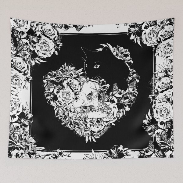 Artikelvorschau, Herzform Schädel und schwarze Katze mit Blume, Skelett mit Blumen, Schwarz-Weiß-Zeichnung entworfen und verkauft von Collagedream.