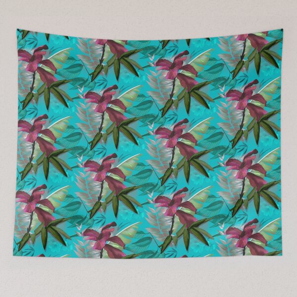 Item preview, tropical heaven trendy exotic floral pattern, leaves and flowers tropical pattern, botanical illustration, turquoise floral illustration   designed and sold by ZeinabTaha.