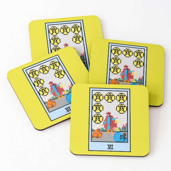 Item preview, Wait, is this pixel art tarot? Yellow - Minor Arcana 'Six of Pentacles' (Design for T-shirt, stickers and other accessories) designed and sold by Pixel Waite.