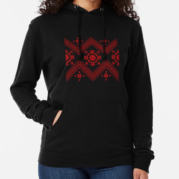 Black & Red Vyshyvanka Ukrainian Embroidery Geometric Pattern Lightweight Hoodie
