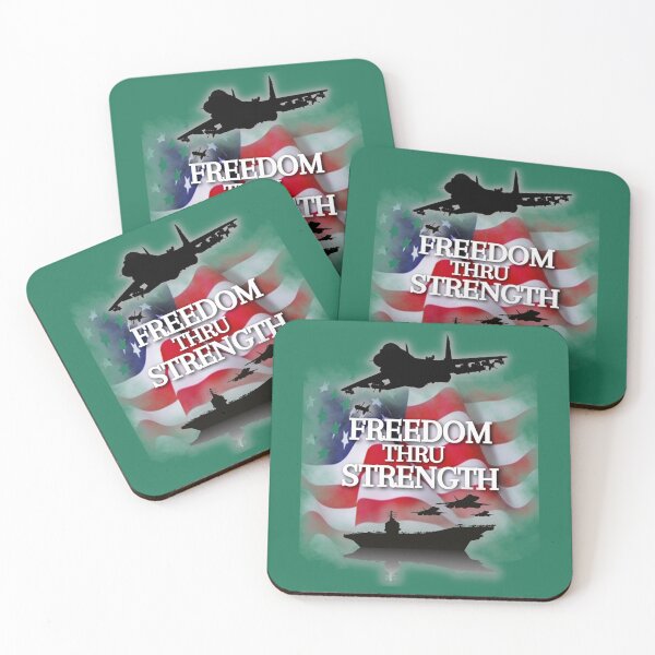 Item preview, Freiheit durch Stärke mit einem Kampfjet, einem Flugzeugträger und einer amerikanischen Flagge designed and sold by arcadeshirtsdd.