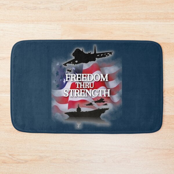 Item preview, Freiheit durch Stärke mit einem Kampfjet, einem Flugzeugträger und einer amerikanischen Flagge designed and sold by arcadeshirtsdd.
