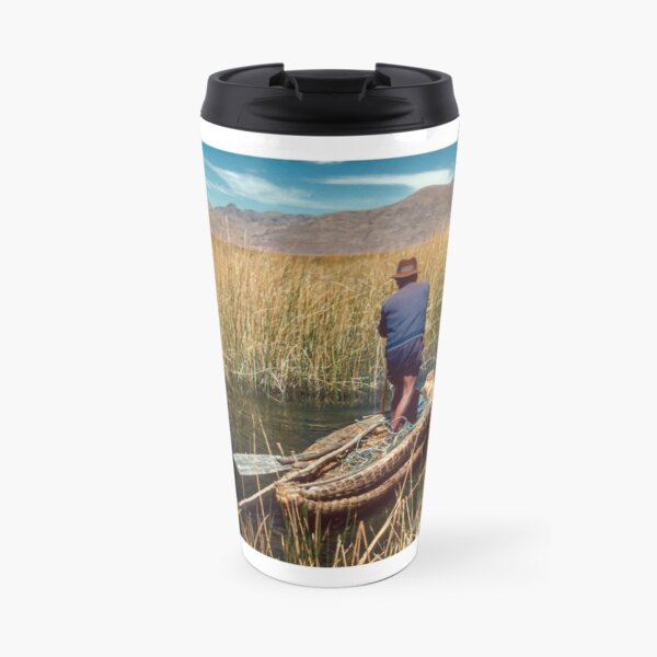 Man in Reed Boat, Lake Titicaca, Peru Travel Mug