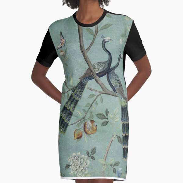 A Teal of Two Birds Chinoiserie Graphic T-Shirt Dress