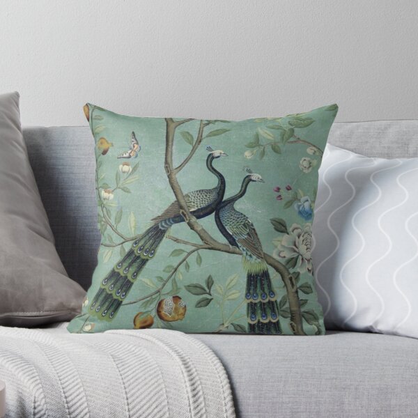 A Teal of Two Birds Chinoiserie Throw Pillow