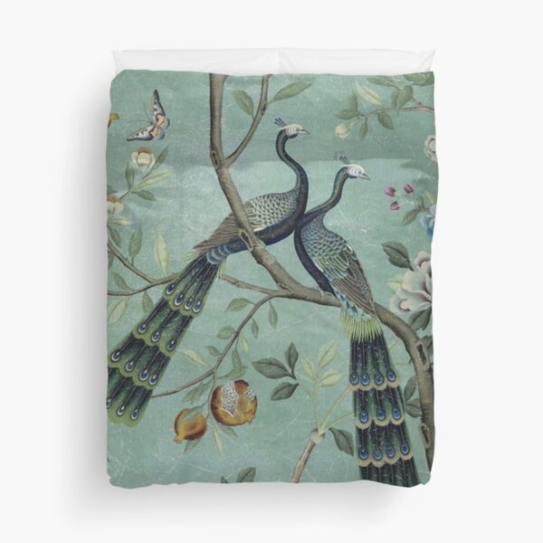A Teal of Two Birds Chinoiserie Duvet Cover
