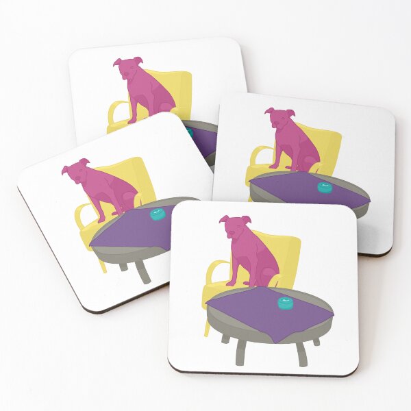Item preview, One-eyed Pink Dog Waiting for a Coffee Sitting in a Yellow Chair designed and sold by marie-inks.