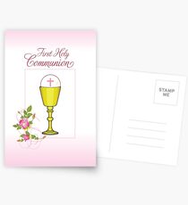 Mädchen-Rosa-erste heilige Kommunion, Chalice, Wirt, Rosen Postkarten