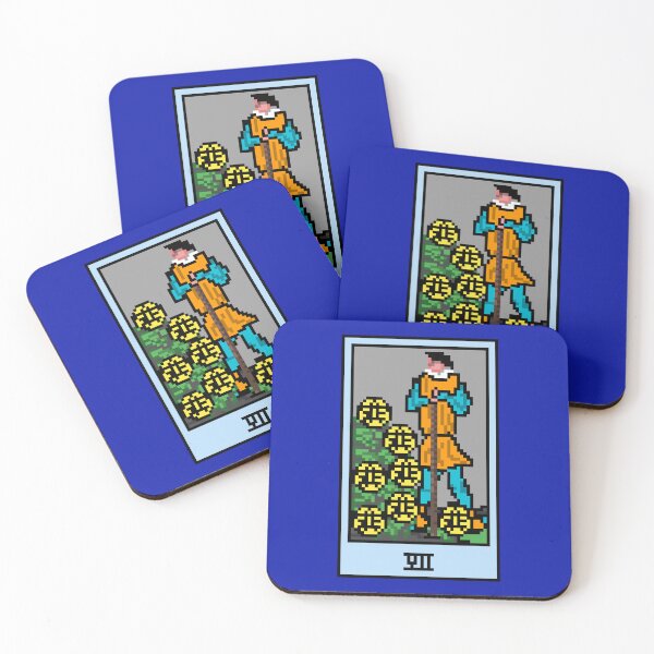 Item preview, Wait, is this pixel art tarot? Blue - Minor Arcana 'Seven of Pentacles' (Design for T-shirt, stickers and other accessories) designed and sold by Pixel Waite.
