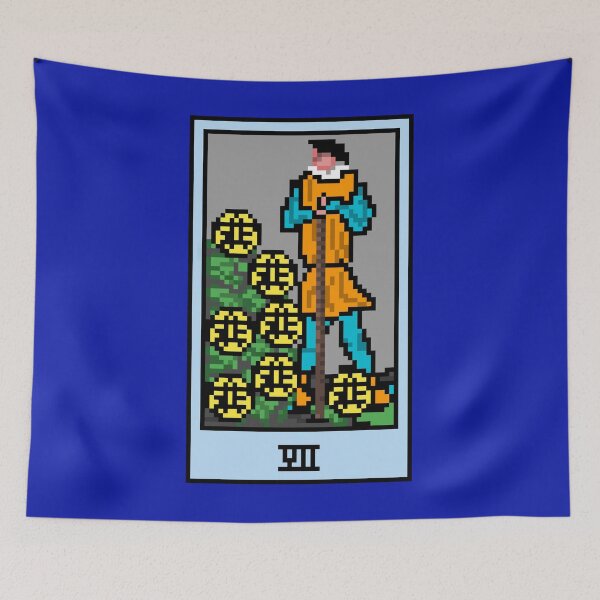 Item preview, Wait, is this pixel art tarot? Blue - Minor Arcana 'Seven of Pentacles' (Design for T-shirt, stickers and other accessories) designed and sold by Pixel Waite.