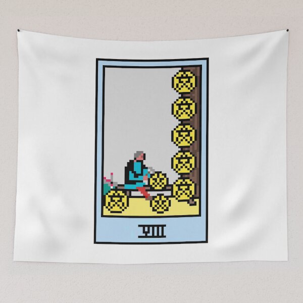 Item preview, Wait, is this pixel art tarot? White - Minor Arcana 'Eight of Pentacles' (Design for T-shirt, stickers and other accessories) designed and sold by Pixel Waite.