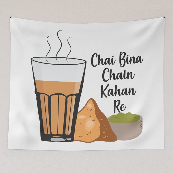 Item preview, Chai Bina Chain Kahan Hindi Quote Tea Glass Samosa Chutney designed and sold by alltheprints.