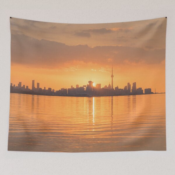 Item preview, Split Sun Disk - Happy Tangerine Sunrise Behind Toronto Skyline designed and sold by Georgia Mizuleva.