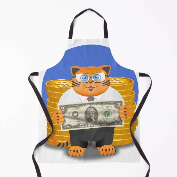 Item preview, Funny ginger smiling fat cat in a white shirt and black pants. Puss is a bank worker. Banknote of two dollars and large stacks of 3d gold coins designed and sold by GAleksS.