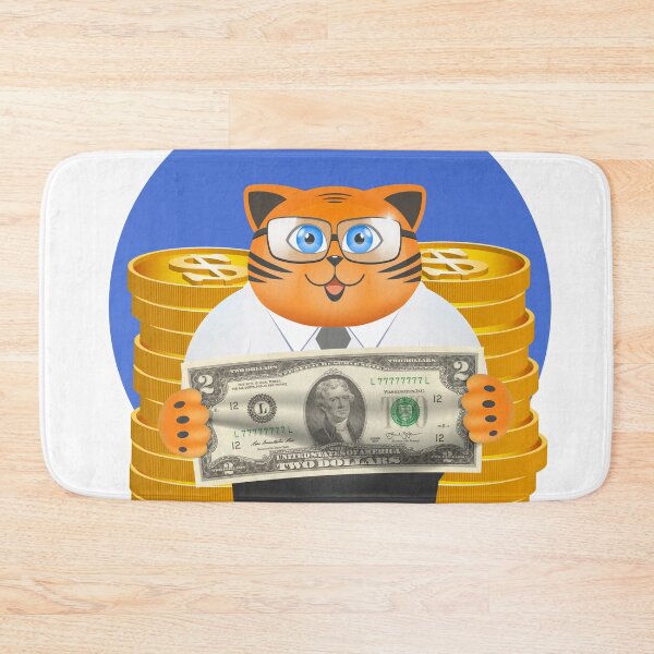 Item preview, Funny ginger smiling fat cat in a white shirt and black pants. Puss is a bank worker. Banknote of two dollars and large stacks of 3d gold coins designed and sold by GAleksS.