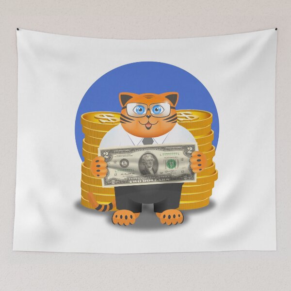 Item preview, Funny ginger smiling fat cat in a white shirt and black pants. Puss is a bank worker. Banknote of two dollars and large stacks of 3d gold coins designed and sold by GAleksS.