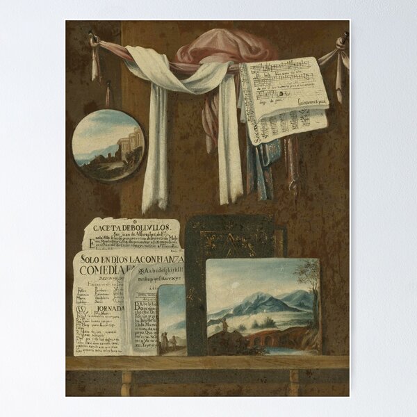 Artikelvorschau, Germán Trompe L'oeil Stillleben mit Zeitungen, Noten, Ölgemälden und anderen Gegenständen auf einem Holzregal von Bernardo Lorente - Vintage Art entworfen und verkauft von RickE.