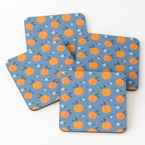 Artikelvorschau, Orangenblütenmuster - blauer Hintergrund entworfen und verkauft von HappyCatPrints.
