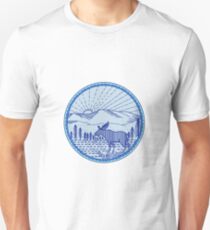 Camiseta ajustada Moose River Flat Mountains Sunburst Circle Mono Line