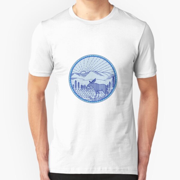 Moose River Flat Mountains Sunburst Circle Mono Line Slim Fit T-Shirt