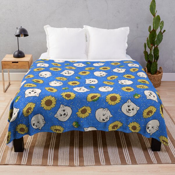 White Hokkaido Faces and Himawari Sunflowers Pattern (All-Over Print) Throw Blanket