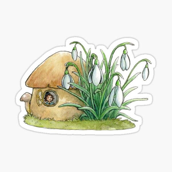 Mushroom fairy house with snowdrops Sticker