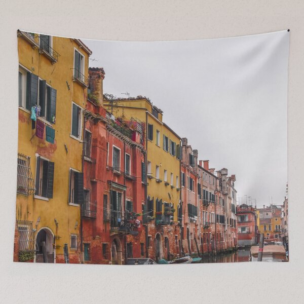Item preview, Colorful  pink and orange Italian houses &  Boats in venetian canals  designed and sold by anisbbmbrush.