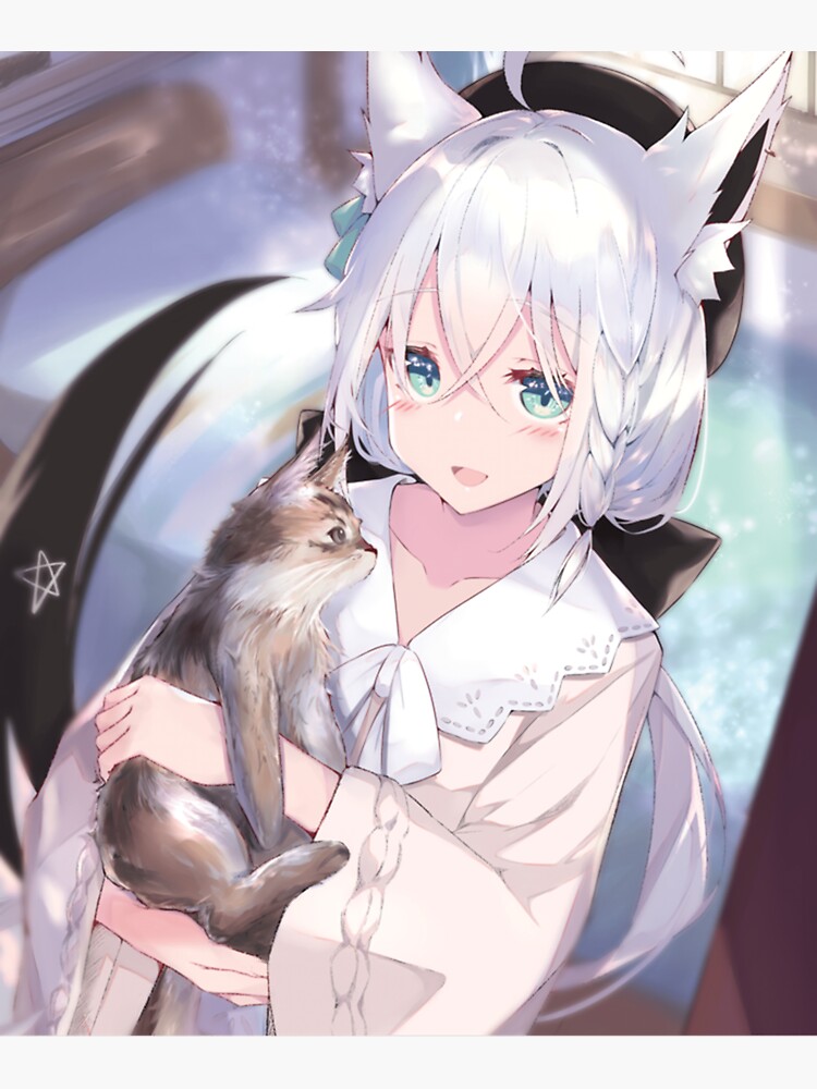 Kawaii Anime Neko Cat Girl With white hair | Poster