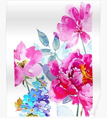 Watercolor Peony and Wildflowers Poster