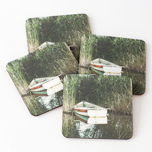 Item preview, Beautiful white fishing boat on a calm green forest pond designed and sold by by-jwp.