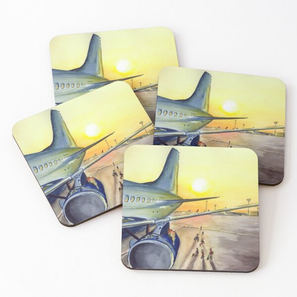 Item preview, airport at sunset, watercolor landscape, airplane designed and sold by PUSTOTA86.